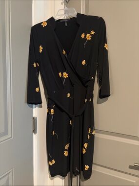 Black Floral Wrap Dress with Yellow Blossoms